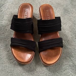 Black double strap upper with cork wedge heel.